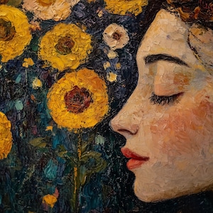 Gustav Klimt Porträt Stil Landschaft Tapete - Hohe Qualität zum Drucken - Ölgemälde Stil - Botanische Tapete - Blumen Wandkunst