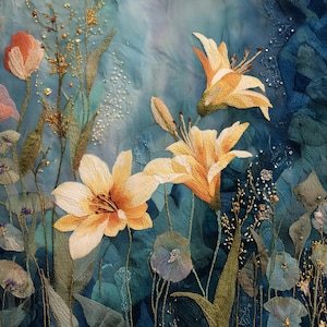 Carta da parati astratta con giglio stravagante - Prodotti digitali in stile tessuto e arazzo HQ Arte botanica per la stampa - Poster floreale Arte murale con paesaggio