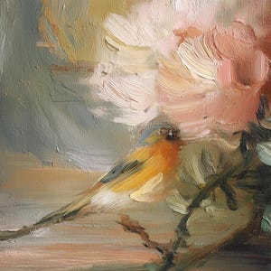 Vintage botanische Vogel-Tapete - hochwertige Kunst zum Drucken - übergroße Ölgemälde-Stil - Blumen-Landschaftstapete - Wandkunst