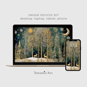 May include: A digital wallpaper set for desktop, laptop, tablet, and phone featuring a dark teal forest scene with golden trees, two deer, a crescent moon, and stars. The text reads UNIQUE DEVICES SET desktop. laptop. tablet. phone and botanicArt.