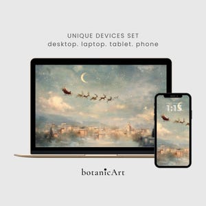 Könnte beinhalten: Ein Set digitaler Geräte mit einem Laptop und einem Smartphone, die eine festliche Illustration des Weihnachtsmanns im Rentierschlitten über einer Stadt bei Nacht zeigen. Der Text lautet UNIQUE DEVICES SET und botanicArt.