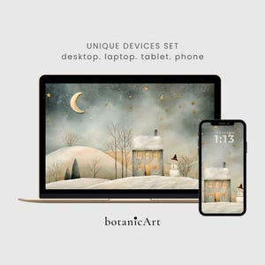 Op de afbeelding: Een laptop en een smartphone met een winterlandschap als achtergrond, met een huis, een sneeuwpop, een maansikkel en sterren. De tekst UNIQUE DEVICES SET desktop. laptop. tablet. phone en botanicArt is zichtbaar op het scherm.