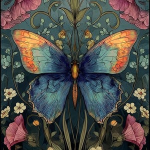 Produits numériques papillon style William Morris - Art de papier peint botanique de haute qualité pour l'impression - Poster de fleurs - Art mural