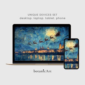 Könnte beinhalten: Ein Laptop und ein Smartphone zeigen ein digitales Kunstwerk mit dem Weihnachtsmann und Rentieren, die über einer Stadt bei Nacht fliegen, im Stil von Van Gogh. Der Text UNIQUE DEVICES SET desktop. laptop. tablet. phone und botanicArt sind zu sehen.