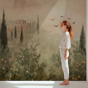 Papel de Parede Imprimível com Limão e Pássaro - Mural de Parede Grande - Decoração de Primavera Vintage 187
