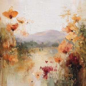 Papel de parede vintage com papoula botânica - Arte de alta qualidade para impressão - Estilo de pintura a óleo grande - Papel de parede com paisagem de flores - Arte de parede