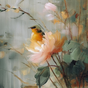 Vintage botanische Vogel-Tapete - hochwertige Kunst zum Drucken - übergroße Ölgemälde-Stil - Blumen-Landschaftstapete - Wandkunst