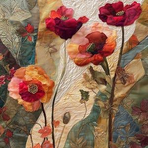 Carta da parati astratta con papavero stravagante - Prodotti digitali in stile tessuto e arazzo HQ Arte botanica per la stampa - Poster floreale Arte murale con paesaggio
