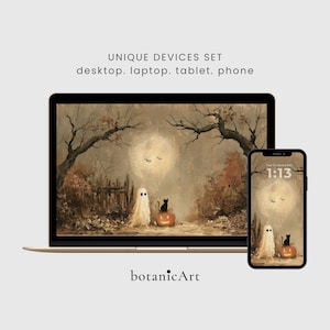 Puede incluir: Un conjunto de fondos de pantalla para escritorio, portátil, tableta y teléfono con una escena de Halloween que muestra un fantasma, un gato negro y una calabaza bajo la luna llena. El texto dice UNIQUE DEVICES SET desktop. laptop. tablet. phone y botanicArt.