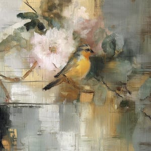 Papel de parede vintage com pássaros botânicos - Arte de alta qualidade para impressão - Estilo de pintura a óleo grande - Papel de parede com paisagem de flores - Arte de parede