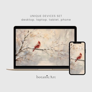 Może przedstawiać: Zestaw cyfrowych tapet na komputer, laptop, tablet i telefon z czerwonym kardynałem siedzącym na zaśnieżonej gałęzi. Tekst brzmi UNIQUE DEVICES SET desktop. laptop. tablet. phone oraz botanicArt u dołu ekranu.