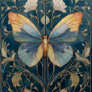 Produits numériques papillon style William Morris - Art de papier peint botanique de haute qualité pour l'impression - Poster de fleurs - Art mural