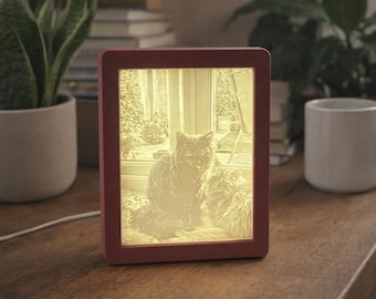 Può includere: Una cornice rettangolare, color amaranto, con un'immagine illuminata di due gatti. La cornice è appoggiata su una superficie di legno, accanto a una tazza bianca e a una pianta in vaso. Un cavo bianco esce dalla cornice.
