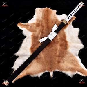 Handmade Decorative Katana Long Sword – White Cord Handle, Black Scabbard, Japanese Samurai-Style Ninja Display, Cosplay Prop Décor Gift Him