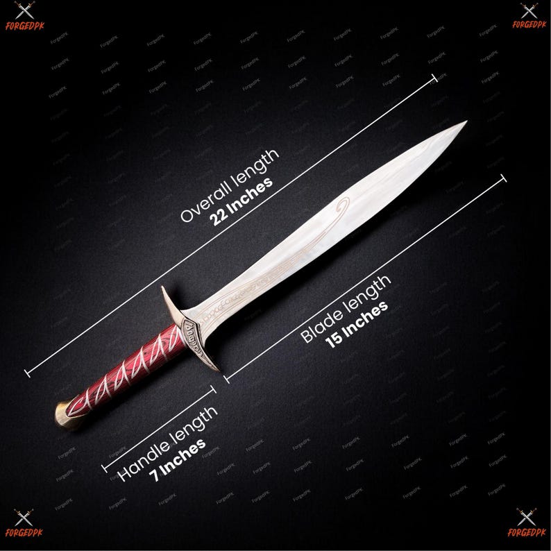 May include: A silver sword with a red and gold handle. The blade is 15 inches long, with an overall length of 22 inches. The handle is 7 inches long. The sword has decorative etchings and the text "FORGEDPK".