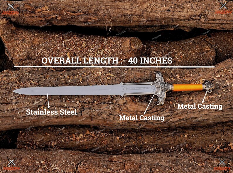 May include: A stainless steel sword with metal casting and an overall length of 40 inches. The handle is orange and the blade is silver. The sword is displayed on a wooden surface.