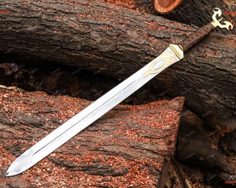 Handcrafted Fantasy Sword with Brass Inlay and Leather Grip | Decorative Collectible Blade for Display, Cosplay Gift Enthusiasts Long Sword