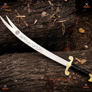 Handmade Zulfiqar Islamic Sword Replica – Stainless Steel Split Blade with premium handle Leather Scabbard | Collectible for Display.