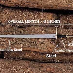 May include: A silver sword with a black leather wrapped handle and a silver blade. The blade is 41 inches long and is made of stainless steel. The hilt is made of steel. "OVERALL LENGTH - 41 INCHES" is written on the image.