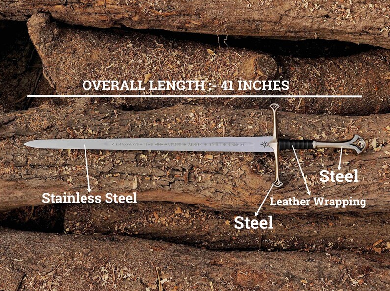 May include: A stainless steel sword with an overall length of 41 inches. The blade is silver, with steel accents on the hilt and a leather-wrapped handle. The sword is displayed on a background of wooden logs.