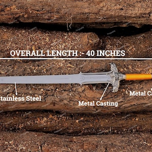 May include: A silver sword with a yellow handle and metal casting details. The sword is 40 inches long and made of stainless steel.  OVERALL LENGTH: 40 INCHES