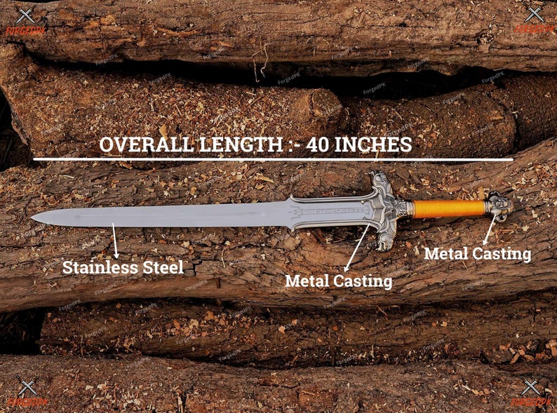 May include: A silver sword with a yellow handle and metal casting details. The sword is 40 inches long and made of stainless steel.  OVERALL LENGTH: 40 INCHES