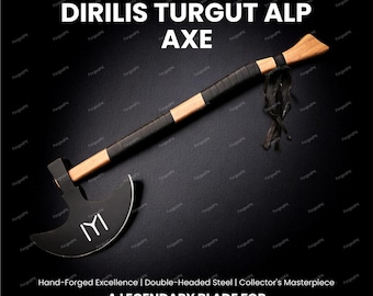 Hand-Forged Turkish Warrior Axe Replica | Engraved Steel Battle Axe with Wooden Handle, Handmade Collectible Wall Decor Gift