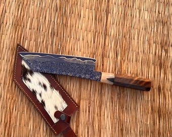 Handmade Japanese Bunka Chef Knife – High Carbon Damascus Pattern Steel Blade, Octagonal Wood Handle with Horn Bolster and Leather Sheath