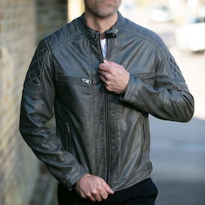Men&#39;s Grey Leather Biker Jacket : Waxed Cafe Racer, Distressed Finish