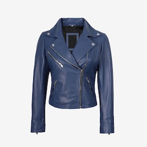 Women&#39;s Blue Leather Jacket Coat/ Genuine Lambskin Leather Outerwear/ Handmade Biker Style fully Lined/ Casual Fashion Jacket for Ladies