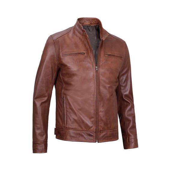 90s Leather Jacket ブラウン レザージャケット Vintage Cognac Brown Leather Cafe Racer Jacket : 90s Retro Biker