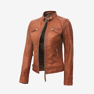 Vintage Tan Lambskin Leather Biker Jacket: Women&#39;s Slim Fit