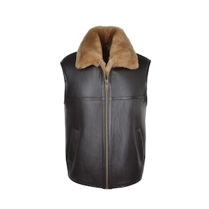 Men&#39;s Brown Leather Vest: Faux Fur Lined Shearling Waistcoat