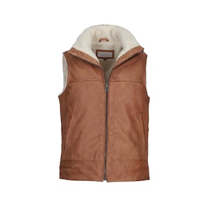 Men&#39;s Shearling Leather Vest: Handmade Brown Fur Waistcoat