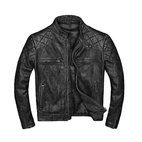 Vintage Black Cafe Racer Leather Jacket: Distressed Cowhide Biker