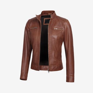Women&#39;s Cognac Brown Sheepskin Leather Cafe Racer Biker Jacket