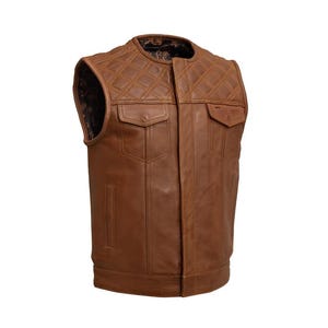 Personalized Men&#39;s Brown Club Leather Vest/ Rare Handmade Diamond Cut Style Biker Leather Waistcoat lined with Satin/ Brown Motorcycle Vest