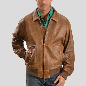 Men&#39;s Brown Cowhide Leather Jacket - Genuine Handmade Vintage Leather 80s Style Jacket - Trendy Retro Leather Outerwear - Heavy Duty Jacket