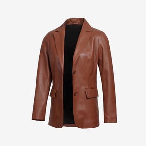 Handgefertigter cognac-brauner Lederblazer: 3/4 langer Lammfellmantel für Damen, Winter-Klassiker, formeller Mantel, Weihnachtsgeschenk für Sie