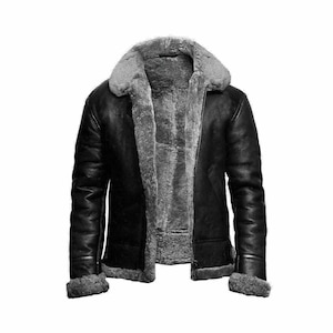 Blouson aviateur B3 en cuir noir fait main : aviateur à col en fourrure de mouton retourné