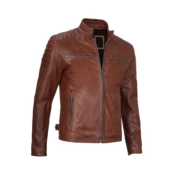 Jaqueta de couro marrom conhaque estilo café racer feita à mão