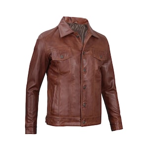 Vintage Brown Leather Trucker Jacket : Handmade Cowhide Biker Style