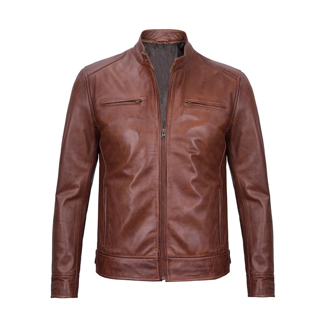 Vintage Cognac Brown Leather Cafe Racer Jacket : 90s Retro