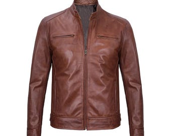 Vintage Cognac Brown Leather Cafe Racer Jacket : 90s Retro Biker