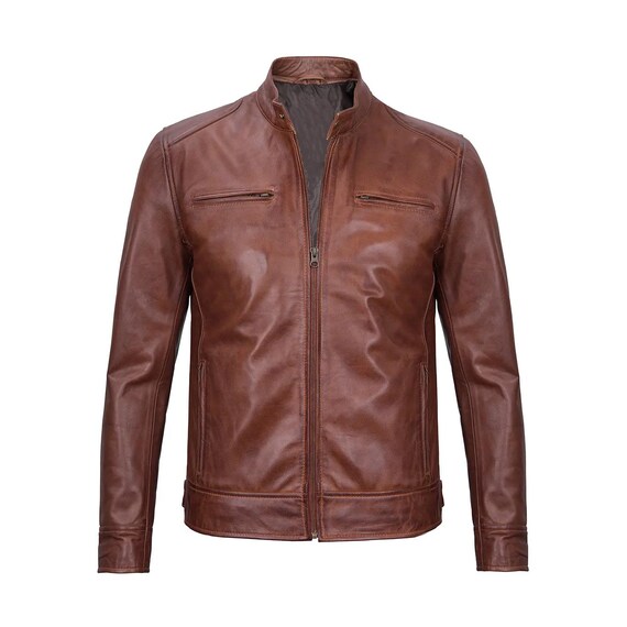 Vintage Cognac Brown Leather Cafe Racer Jacket : 90s Retro