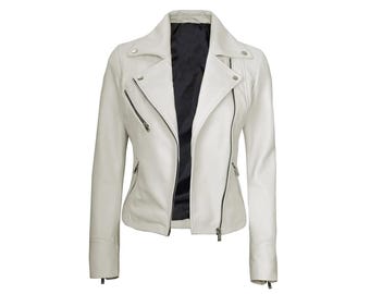 Off White Lambskin Leather Biker Jacket Handmade Moto Style