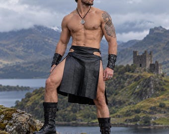 Kilt de gladiateur guerrier en cuir noir pour homme, style gothique viking alternatif, kilt fait main sur mesure