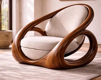 Sculptural Walnut Lounge Chair, Modern Organic Loop Armchair, Unique Curved Wood Accent Seating, Luxury Minimalist Boucle Reading Chair
