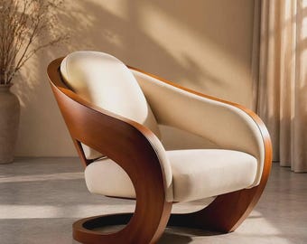 Handcrafted Minimalist Walnut Armchair, Modern Floating Swivel Lounge Chair, Unique C Shaped Curved Wood Seating, Luxury Boucle Accent