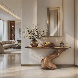 Table de canapé artisanale en bois, tronc d'arbre abstrait derrière la console du canapé, table d'appoint sur un pied Live Edge, crédence de luxe bio pour entrée